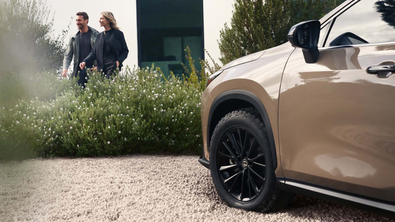 Two people stood by a parked Lexus NX